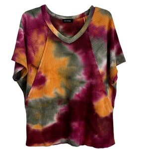 Rae Mode Tie Dye Purple-Green-Mustard Waffle V-Neck Oversized Top Poly/Spandex